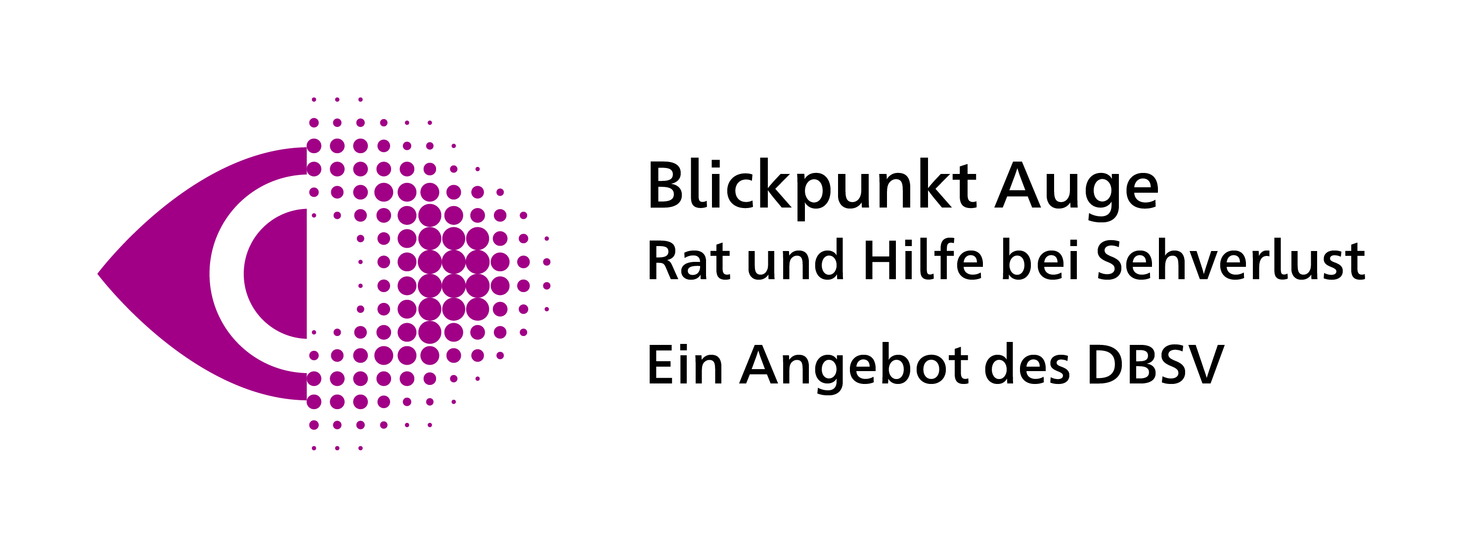 Logo von Blickpunkt Auge mit einem purpurfarbenem Auge und der Wortmarke Blickpunkt Auge, Rat und Hilfe bei Sehverlust. Ein Angebot des BVN.
